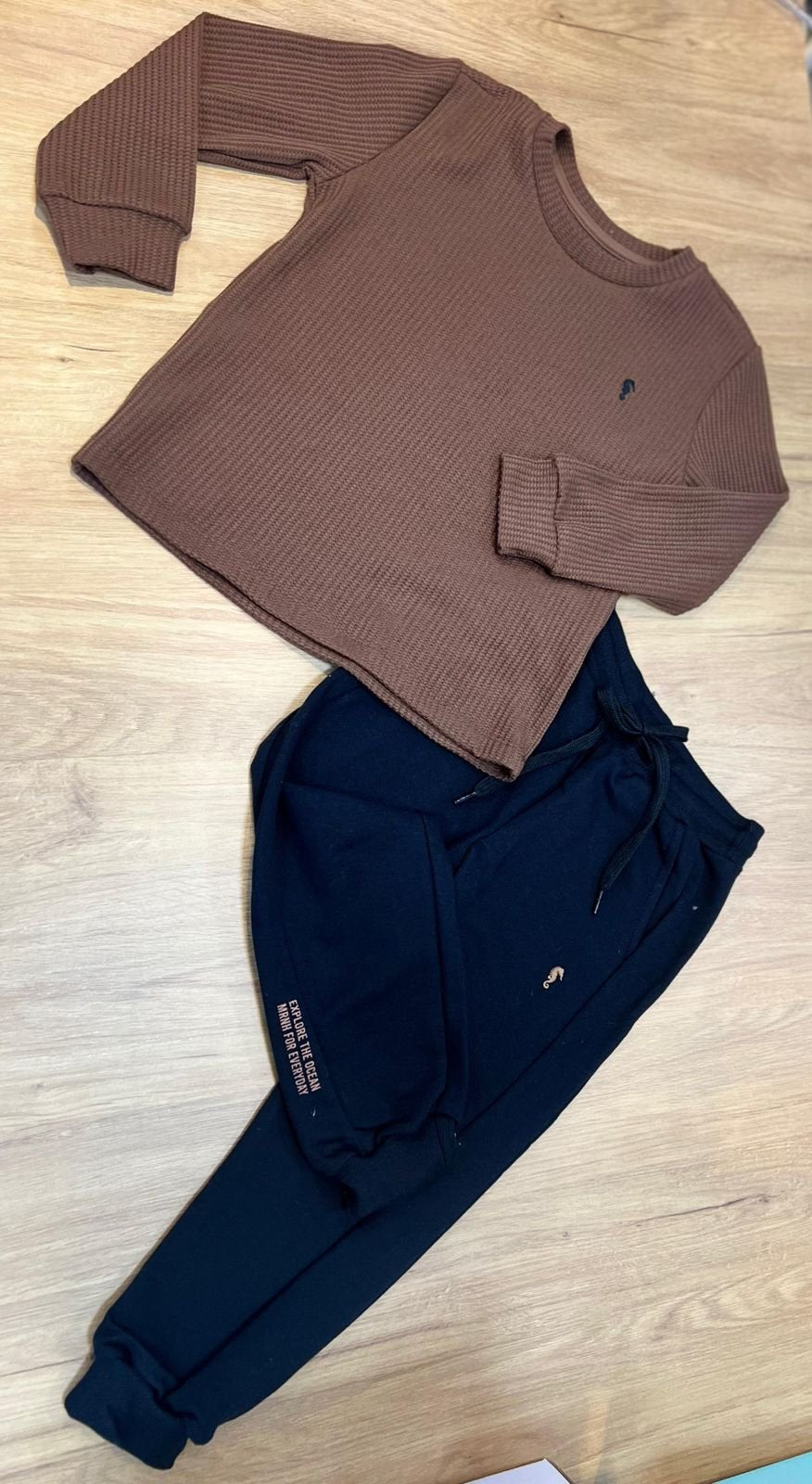 CONJUNTO CAMISETA MANGA LONGA MALHÃO FAVO BORDADO MINIMALISTA CAVALO MARINHO CANELADO E CALÇA MENINO ONDA MARINHA - MARROM/PRETO