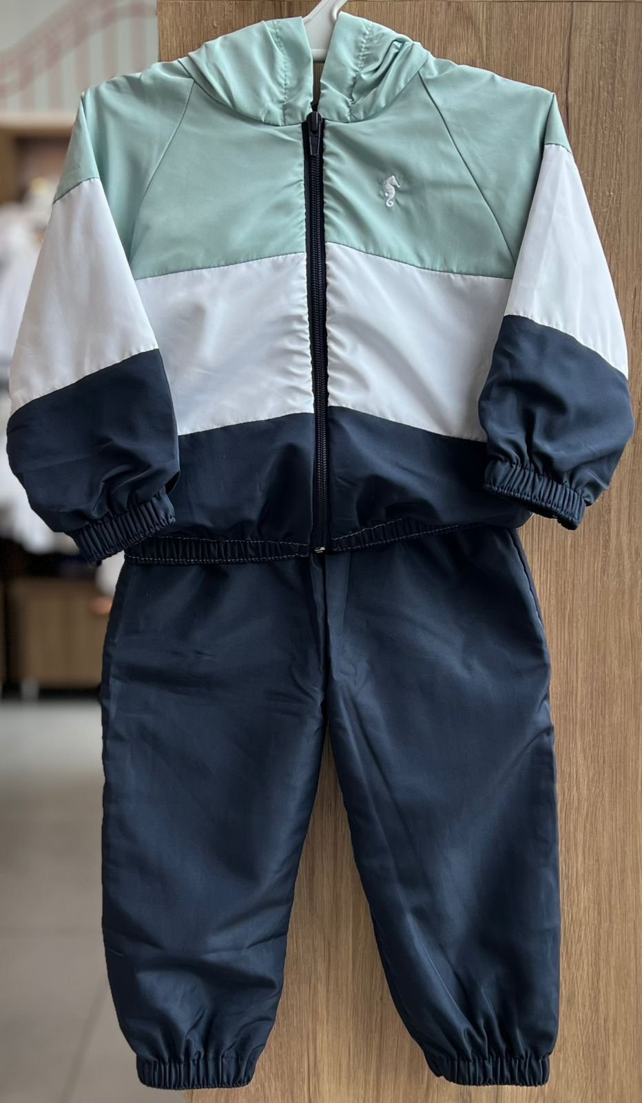 CONJUNTO JAQUETA MANGA LONGA CORTA VENTO LISTRAS CAPUZ MINIMALISTA CAVALO MARINHO E CALÇA MENINO ONDA MARINHA - VERDE CLARO