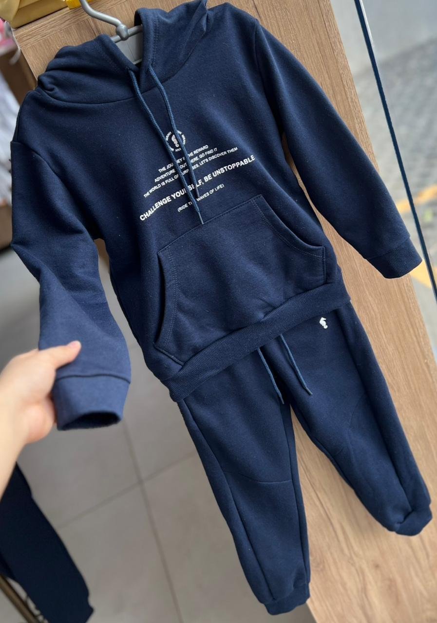 CONJUNTO BLUSÃO MANGA LONGA CAPUZ ZÍPER MOLETOM E CALÇA MENINO ONDA MARINHA - MARINHO