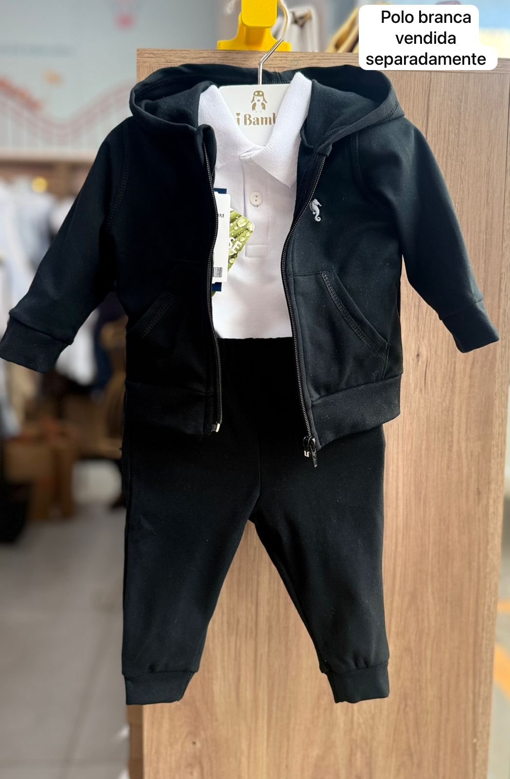 CONJUNTO JAQUETA MANGA LONGA ZÍPER BOLSOS MINIMALISTA CAVALO MARINHO CAPUZ MOLETOM E CALÇA MENINO ONDA MARINHA - PRETO