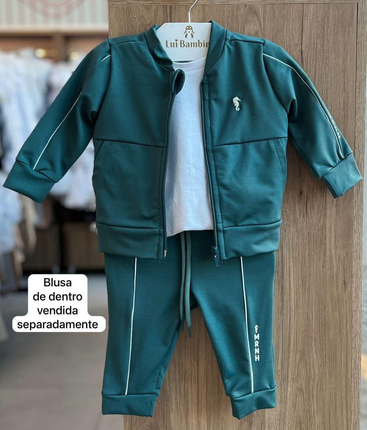 CONJUNTO JAQUETA MANGA LONGA HELANCA ZÍPER BOLSOS MINIMALISTA CAVALO MARINHO CAPUZ MOLETOM E CALÇA MENINO ONDA MARINHA - VERDE