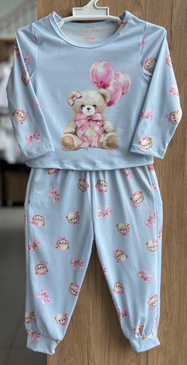 CONJUNTO PIJAMA BLUSA MANGA LONGA URSO BALÕES E CALÇA MENINA SOMNII - AZUL