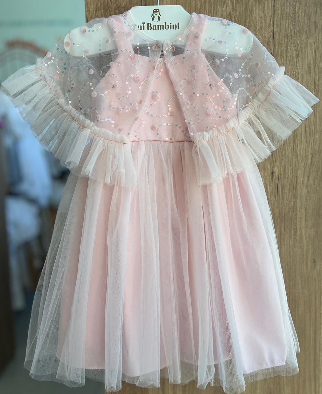 VESTIDO ALÇA PAETES TULE BABADO MENINA PETIT CHERIE - ROSA CLARO