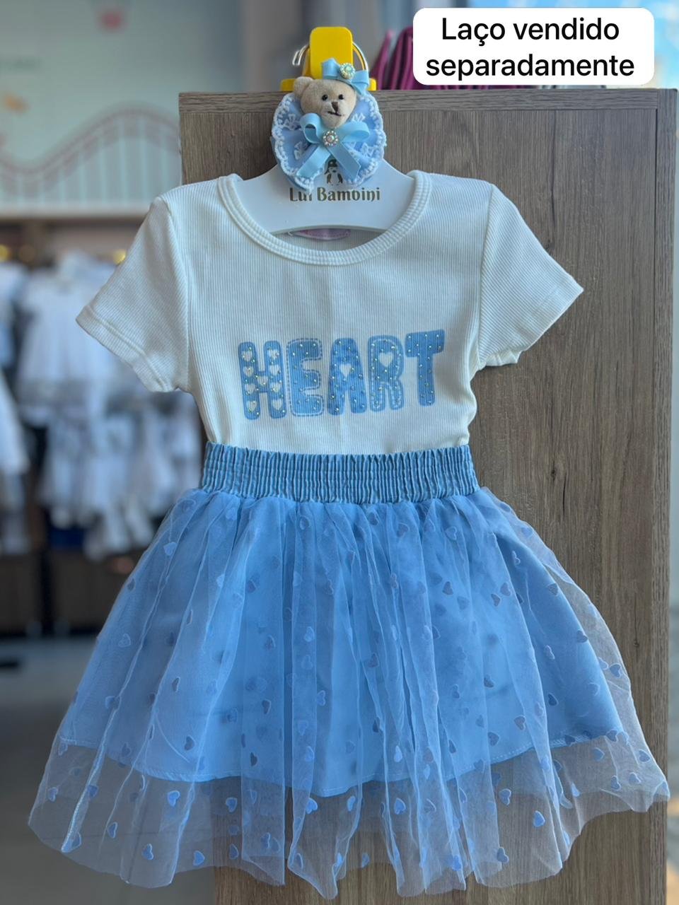 CONJUNTO BLUSA MANGA CURTA HEART E SAIA CORAÇÃO MENINA MON SUCRE - OFF/AZUL