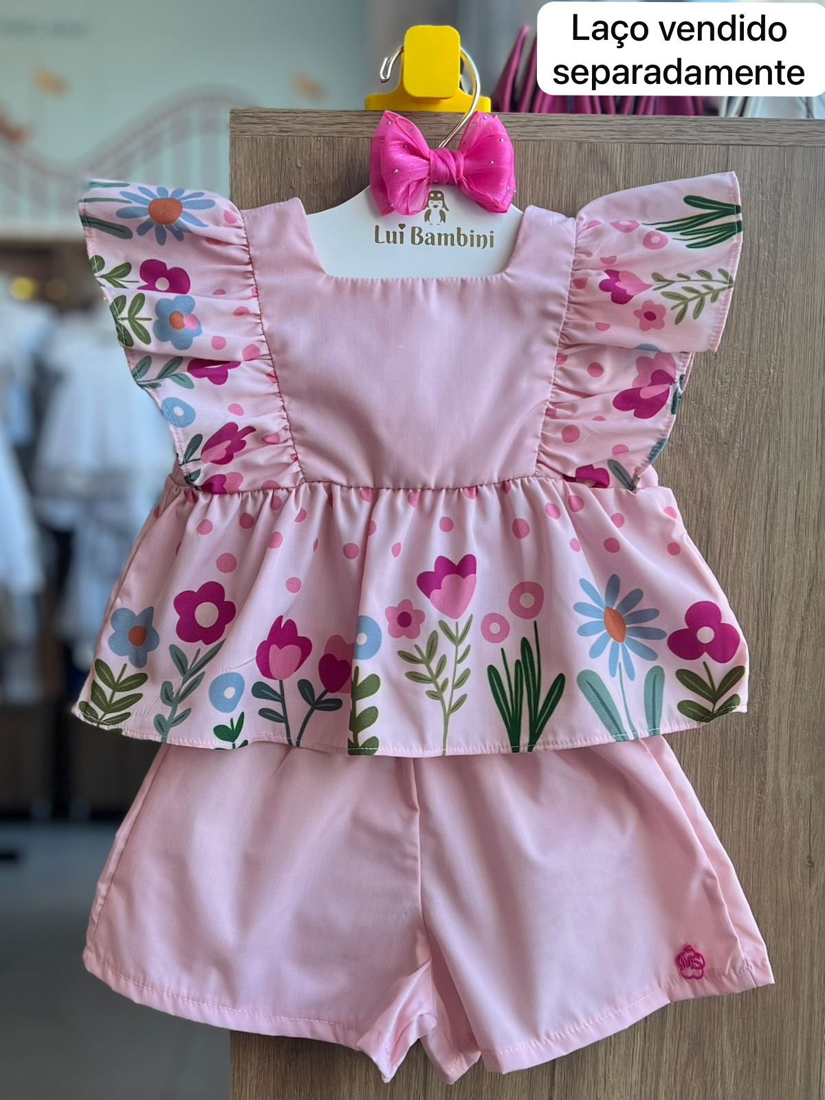 CONJUNTO BLUSA REGATA BABADO BATA FLOR E SHORT MENINA MON SUCRE - ROSA