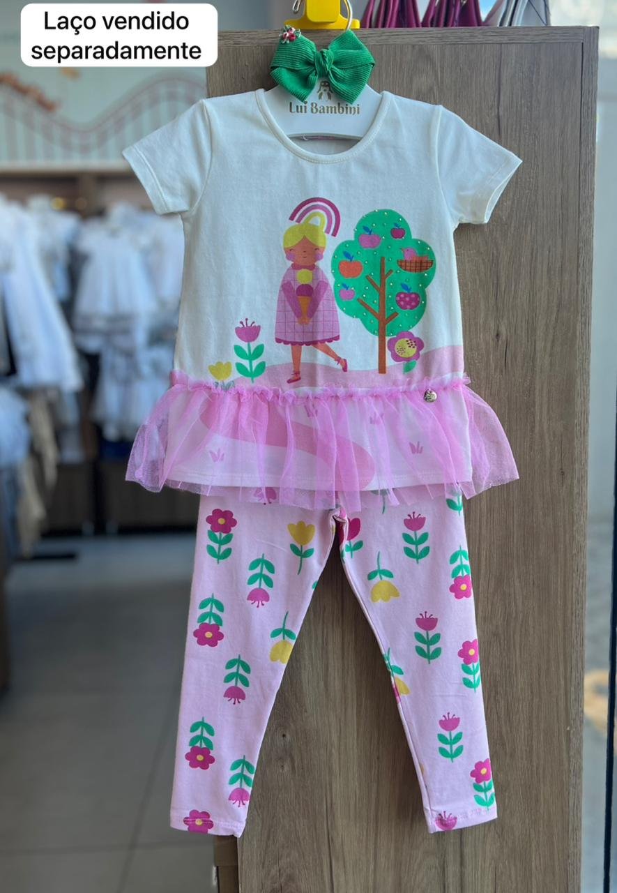 CONJUNTO BLUSA MANGA CURTA TULE ARVORE FLORES E CALÇA LEGGING MENINA MON SUCRE - OFF/ROSA