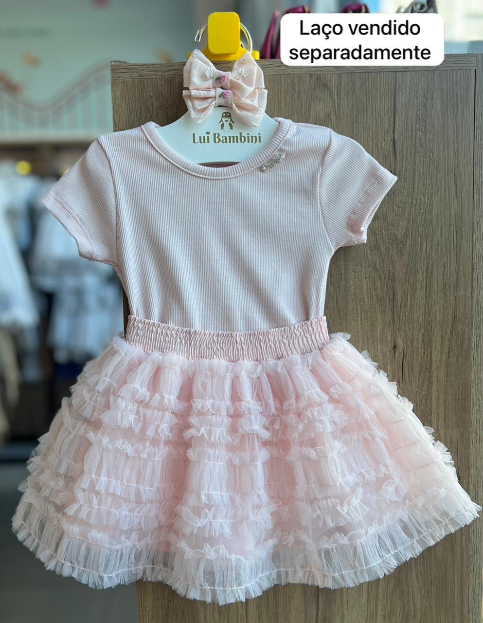 CONJUNTO BLUSA MANGA CURTA CANELADO MINIMALISTA STRASS E SAIA TULE MENINA PETIT CHERIE - ROSA CLARO