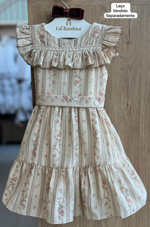 VESTIDO MANGA CURTA BABADO FLORES RENDA MENINA PETIT CHERIE - BEGE