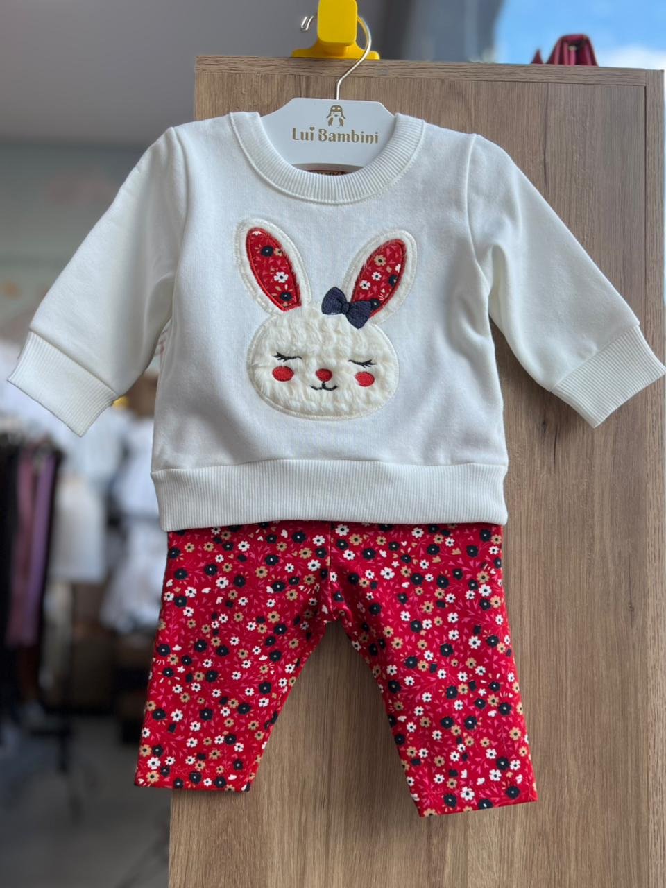 CONJUNTO BLUSÃO MANGA LONGA MOLETOM COELHO PELUCIADO E CALÇA MENINA KYLY - OFF/VERMELHO