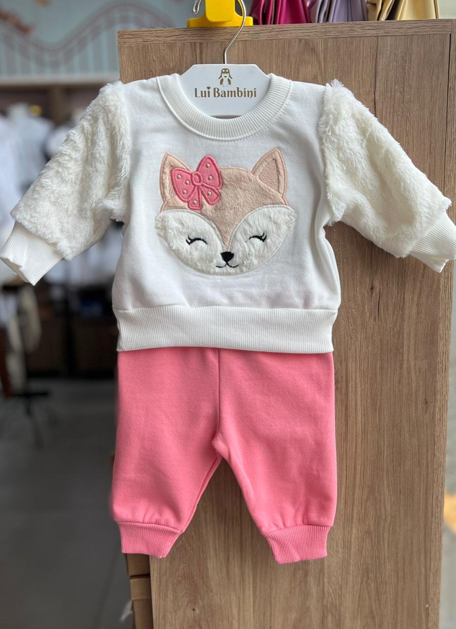 CONJUNTO BLUSÃO MANGA LONGA RAPOSA MOLETOM PELUCIADO E CALÇA MENINA KYLY - OFF/ROSA