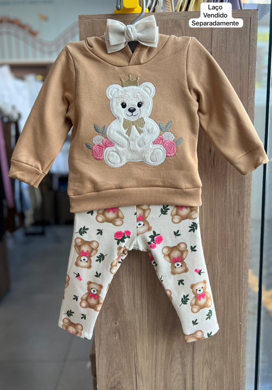 CONJUNTO MOLETOM BLUSÃO MANGA LONGA CAPUZ URSO PELUCIADO E CALÇA MENINA KYLY - MARROM/OFF