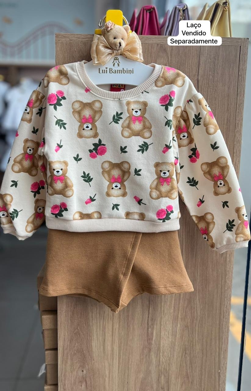 CONJUNTO BLUSÃO MANGA LONGA MOLETOM URSO FLORES E SHORT SAIA MENINA KYLY - BEGE