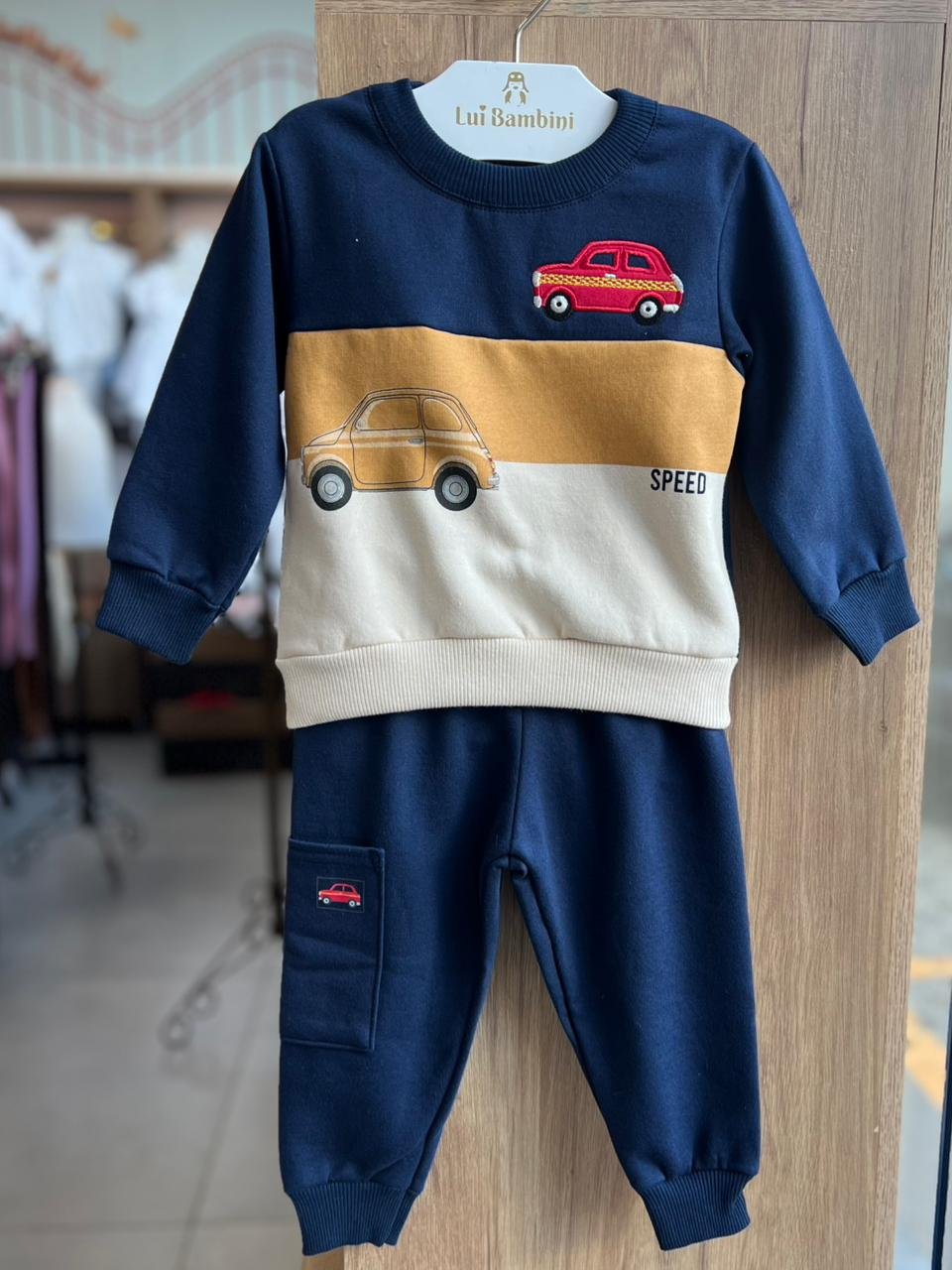 CONJUNTO BLUSÃO MANGA LONGA MOLETOM LISTRAS CARROS E CALÇA MENINO KYLY - MARINHO