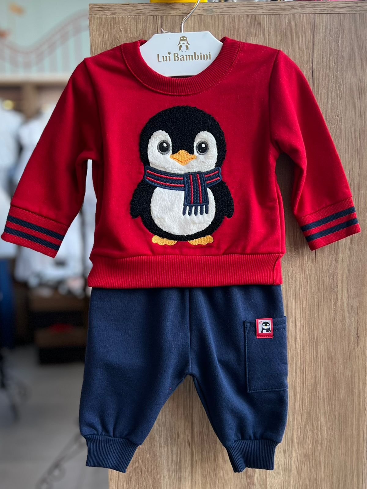 CONJUNTO BLUSÃO MANGA LONGA MOLETOM PINGUIM E CALÇA MENINO KYLY - VERMELHO/MARINHO
