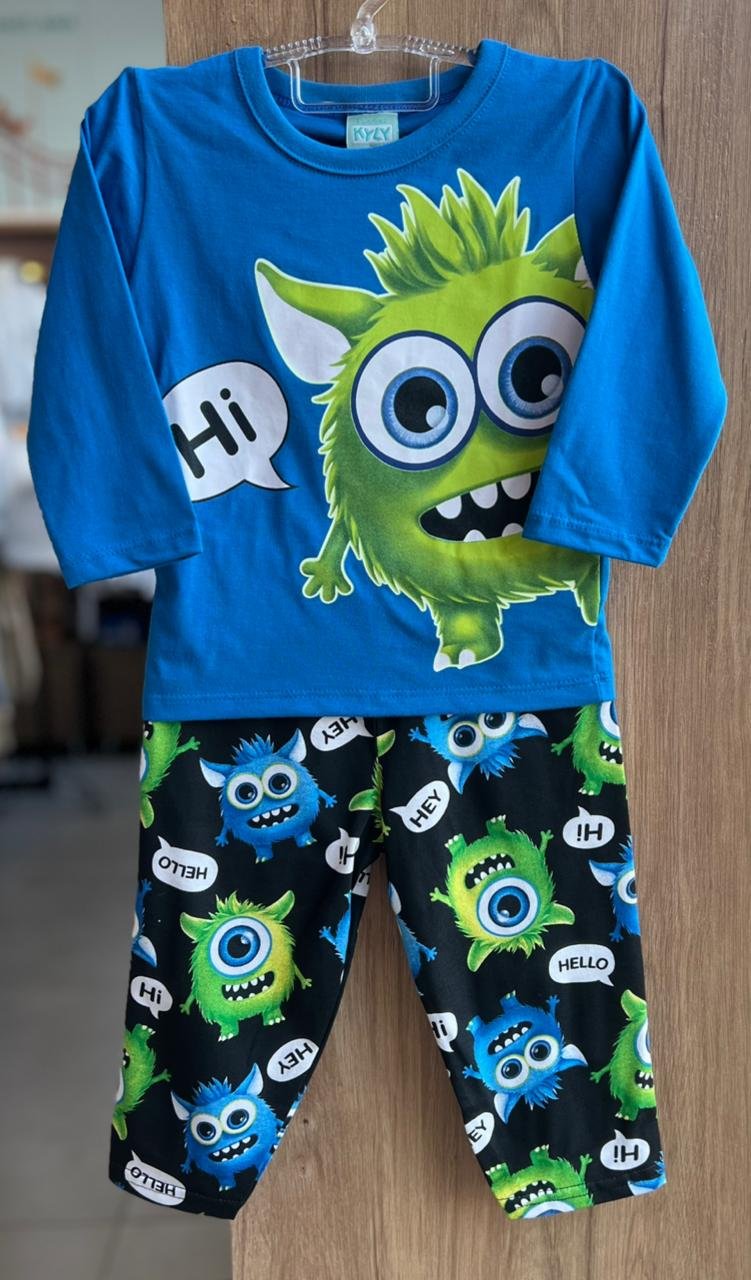 CONJUNTO PIJAMA MANGA LONGA MONSTRINHO HI E CALÇA MENINO KYLY - AZUL/PRETO