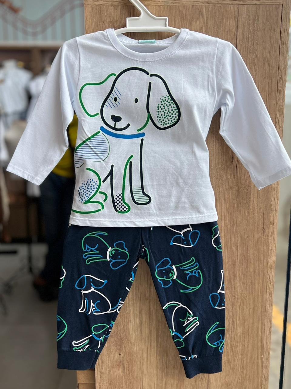 CONJUNTO PIJAMA MANGA LONGA CACHORRO E CALÇA MENINO KYLY - BRANCO/MARINHO