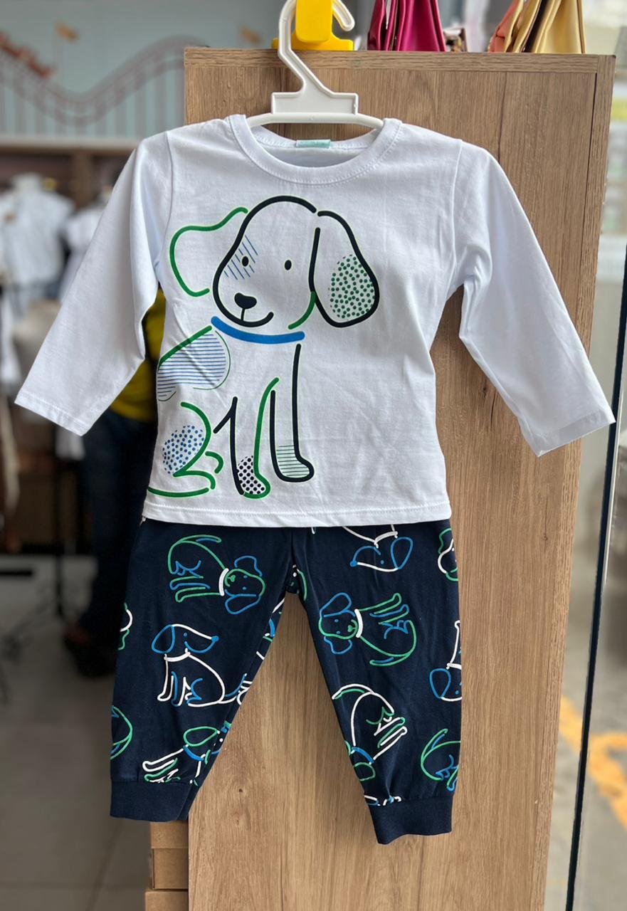CONJUNTO PIJAMA MANGA LONGA CACHORRO E CALÇA MENINO KYLY - BRANCO/MARINHO