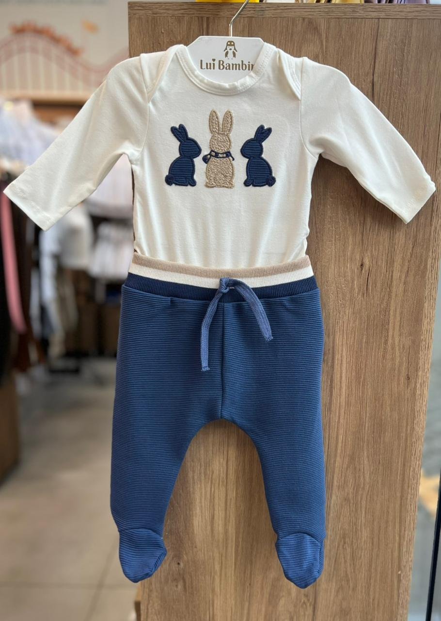 CONJUNTO BODY MANGA LONGA COELHO TRIPLO E CALÇA MENINO MILON - AZUL