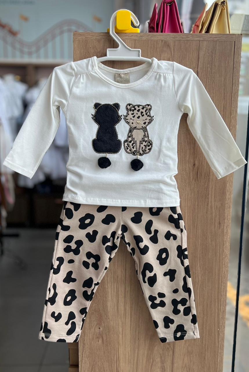CONJUNTO BLUSA MANGA LONGA GATO DUPLO PELUCIADO E CALÇA MENINA MILON - OFF
