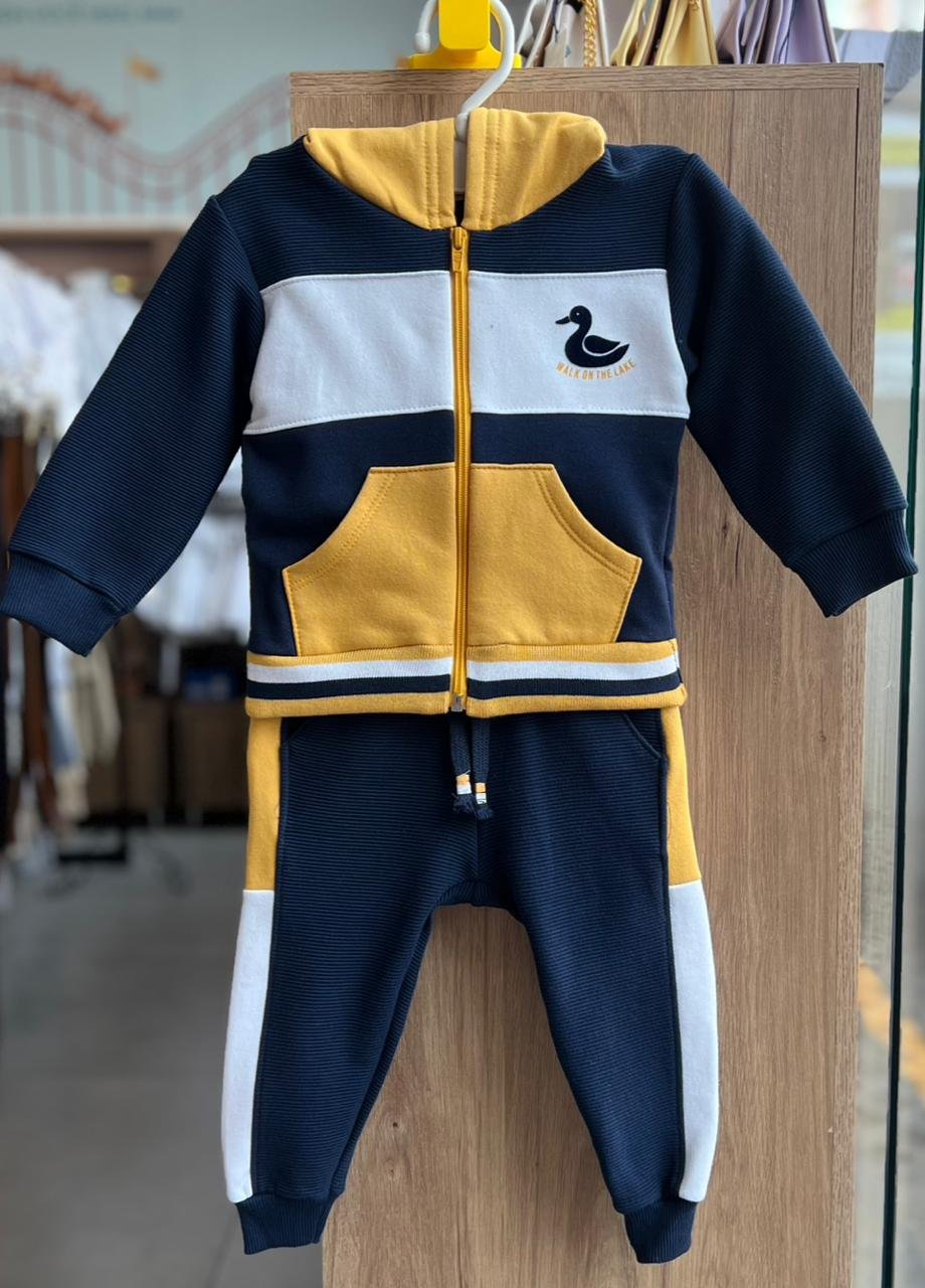 CONJUNTO BLUSÃO MANGA LONGA MOLETOM CAPUZ MINIMALISTA PATO E CALÇA MENINO MILON - MARINHO