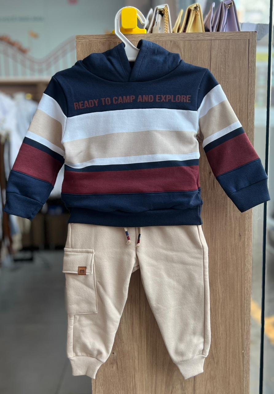 CONJUNTO BLUSÃO MANGA LONGA MOLETOM CAPUZ LISTRAS READY TO CAMP E CALÇA MENINO MILON - MARINHO