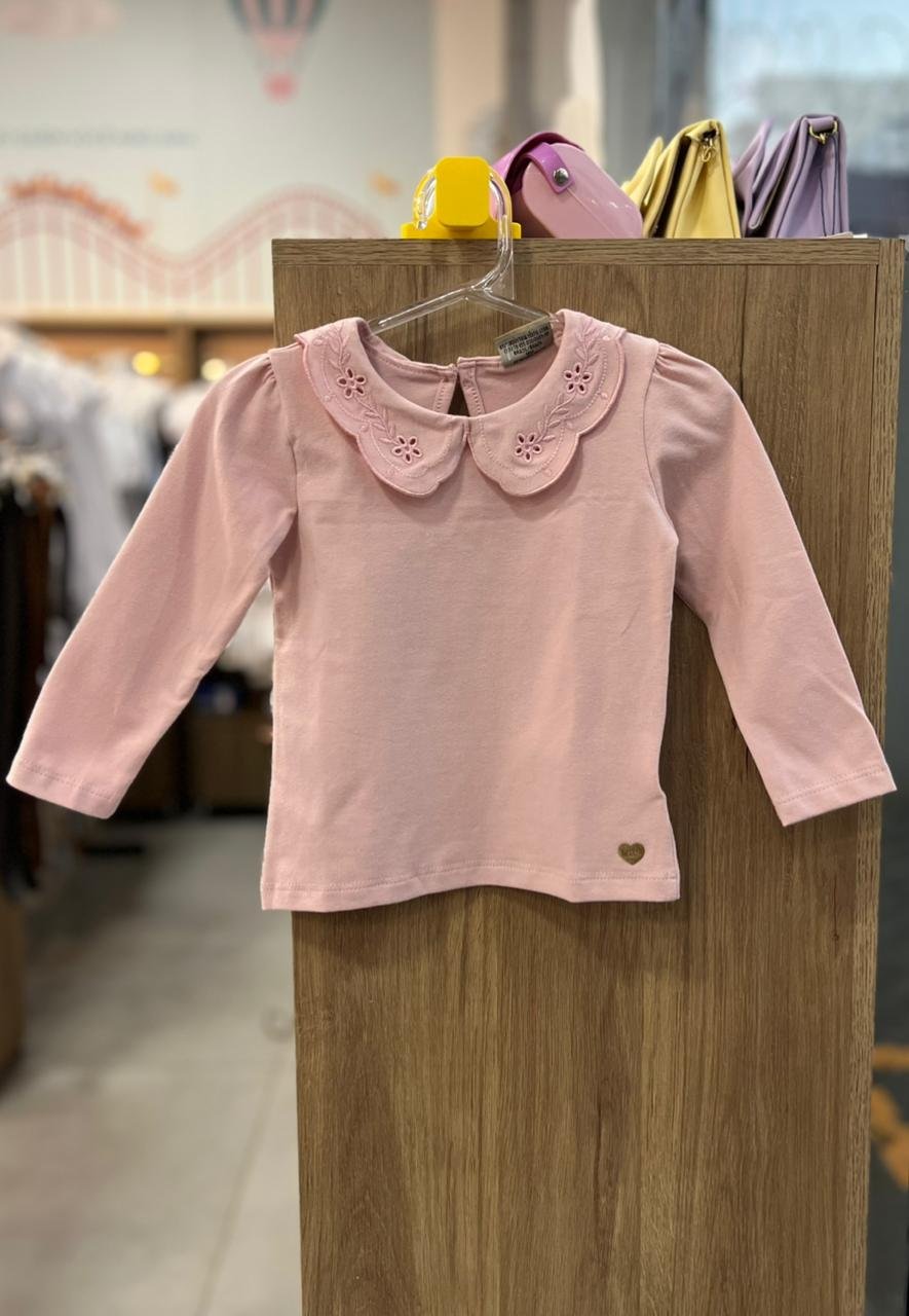 BLUSA MANGA LONGA GOLA FUROS FLORES MENINA MILON - ROSA