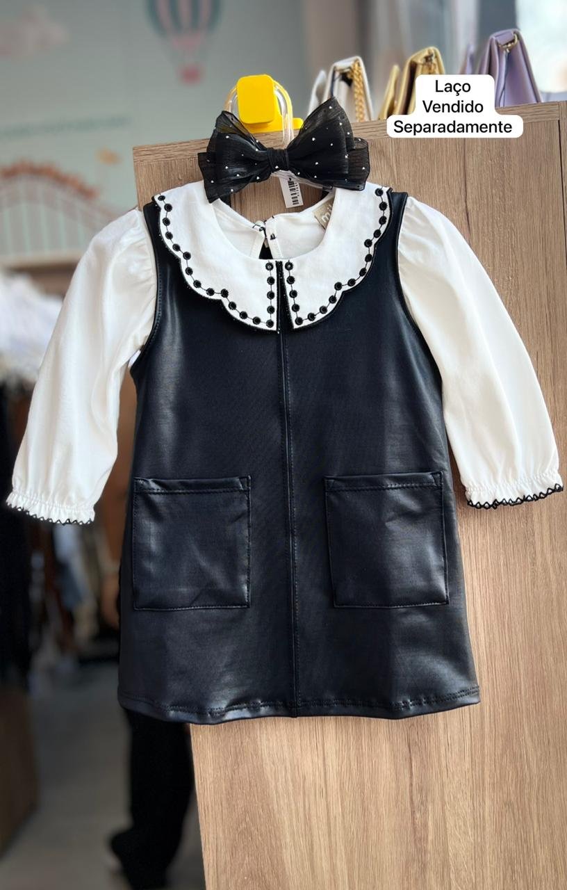 CONJUNTO VESTIDO REGATA E BLUSA MANGA LONGA BORDADO FUROS MENINA MILON - OFF/PRETO