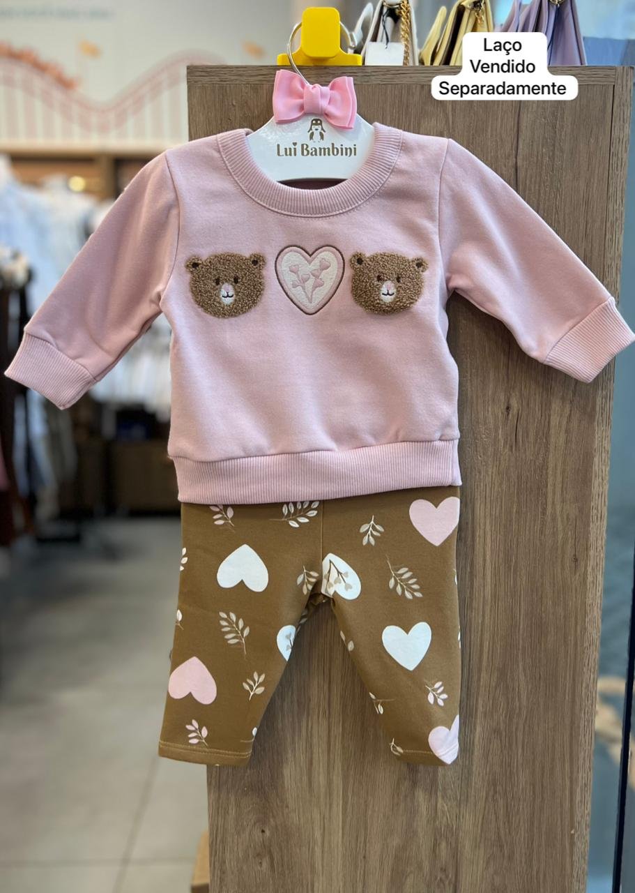 CONJUNTO BLUSÃO MANGA LONGA MOLETOM URSO PELUCIADO CORAÇÃO E CALÇA MENINA KYLY - ROSA/MARROM