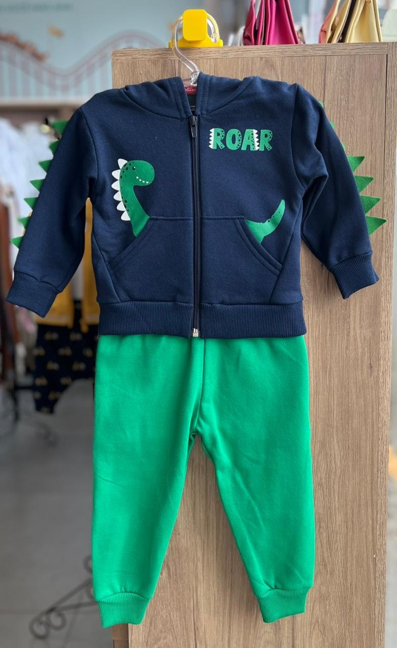 CONJUNTO BLUSÃO MANGA LONGA MOLETOM DINO DINOSSAURO ROAR E CALÇA MENINO KYLY - MARINHO/VERDE