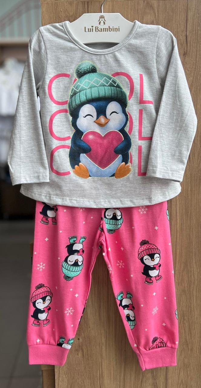 CONJUNTO PIJAMA BLUSA MANGA LONGA PINGUIN NEVE E CALÇA MENINA KYLY - MESCLA/ROSA