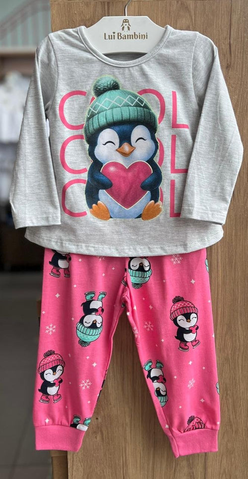 CONJUNTO PIJAMA BLUSA MANGA LONGA PINGUIN NEVE E CALÇA MENINA KYLY - MESCLA/ROSA