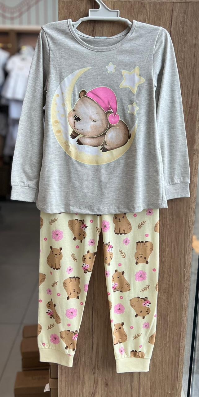 CONJUNTO PIJAMA BLUSA MANGA LONGA CAPIVARA LUA ESTRELA E CALÇA MENINA KYLY - CINZA CLARO/AMARELO