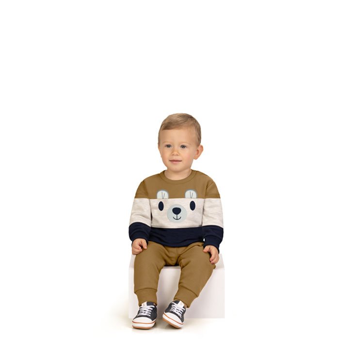 CONJUNTO BLUSÃO MANGA LONGA MOLETOM URSO ORELHINHAS E CALÇA MENINO MILON - MARROM