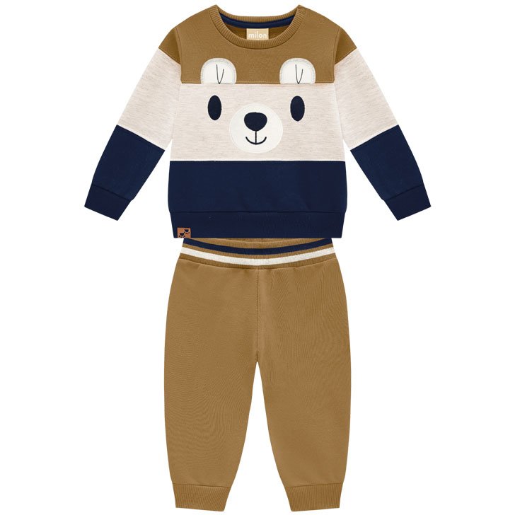 CONJUNTO BLUSÃO MANGA LONGA MOLETOM URSO ORELHINHAS E CALÇA MENINO MILON - MARROM