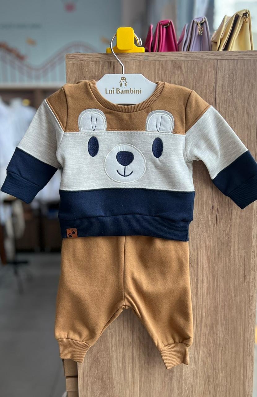 CONJUNTO BLUSÃO MANGA LONGA MOLETOM URSO ORELHINHAS E CALÇA MENINO MILON - MARROM