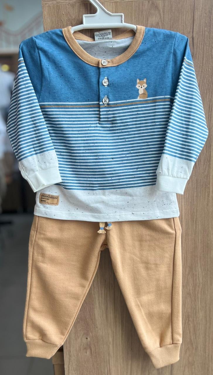 CONJUNTO CAMISETA MANGA LONGA RAPOSA MINIMALISTA LISTRAS E CALÇA MENINO MILON - AZUL/BEGE