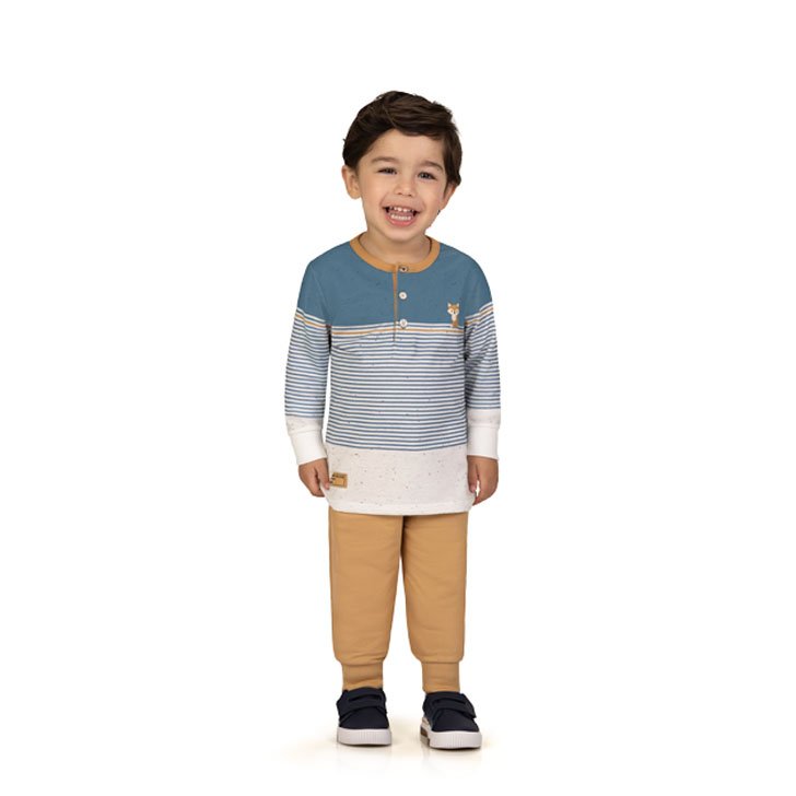 CONJUNTO CAMISETA MANGA LONGA RAPOSA MINIMALISTA LISTRAS E CALÇA MENINO MILON - AZUL/BEGE