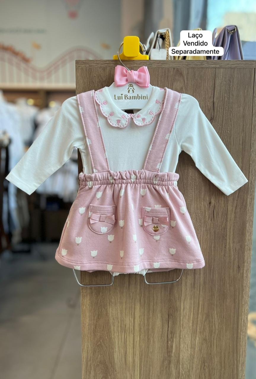 CONJUNTO BODY MANGA LONGA BORDADO FLOR E SALOPETE ALÇA POA MENINA MILON - OFF