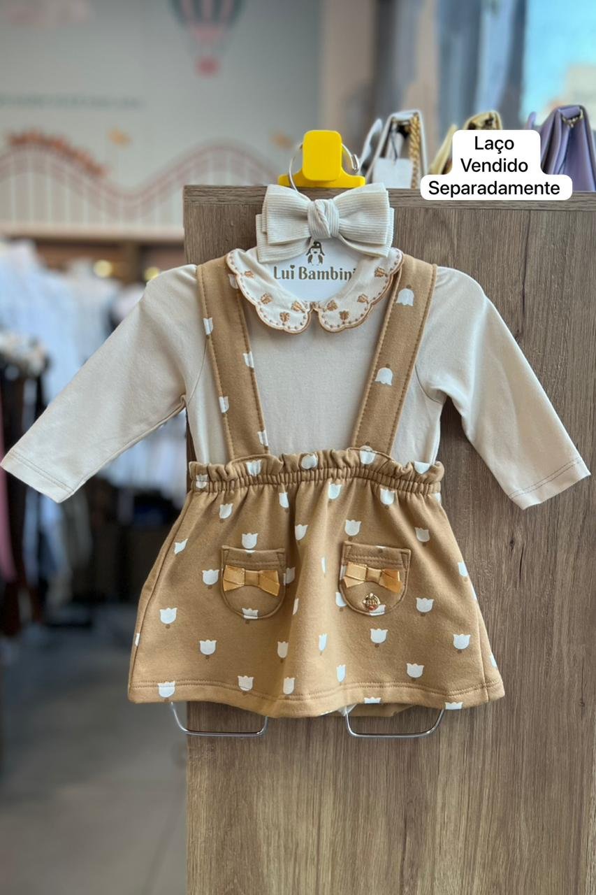 CONJUNTO BODY MANGA LONGA BORDADO FLOR E SALOPETE ALÇA POA MENINA MILON - BEGE