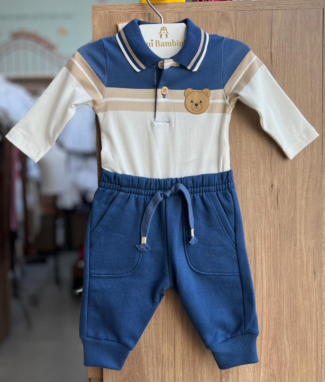 CONJUNTO BODY MANGA LONGA LISTRAS URSO E CALÇA MENINO MILON - MARINHO/OFF