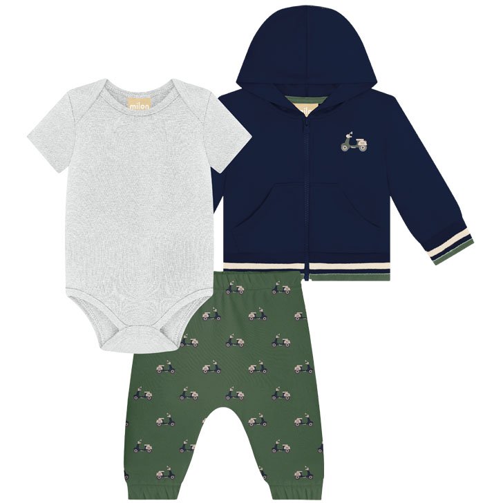 CONJUNTO JAQUETA MANGA LONGA MOLETOM ZÍPER BODY MANGA CURTA MOTO E CALÇA MENINO MILON - MARINHO