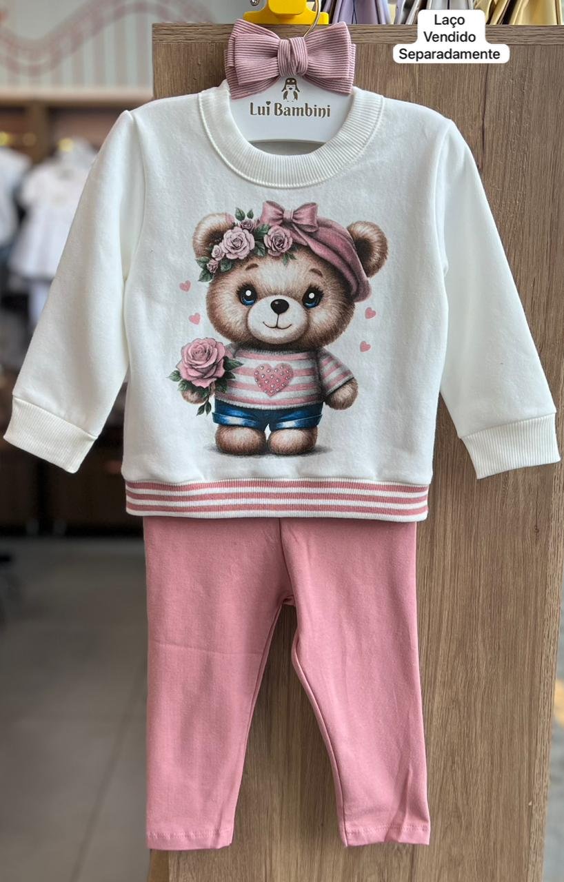 CONJUNTO BLUSÃO MANGA LONGA URSO FLOR E CALÇA MENINA KYLY - OFF/ROSA