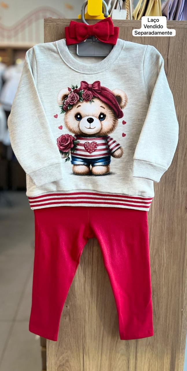 CONJUNTO BLUSÃO MANGA LONGA MOLETOM URSO FLOR E CALÇA MENINA KYLY - MESCLA/VERMELHO