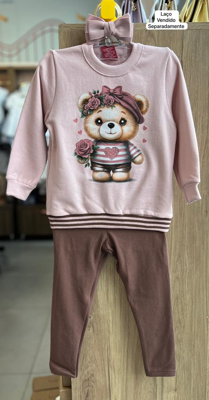 CONJUNTO BLUSÃO MANGA LONGA MOLETOM URSO FLOR E CALÇA MENINA KYLY - ROSA/MARROM