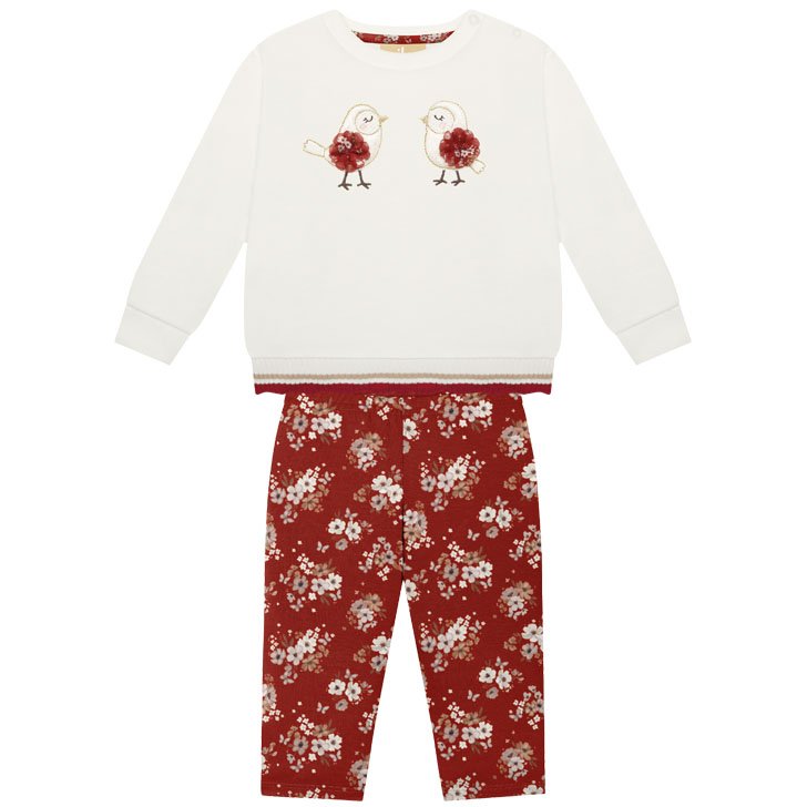 CONJUNTO BLUSÃO MANGA LONGA MOLETOM PASSARINHOS E CALÇA FLOR MENINA MILON - OFF/VERMELHO