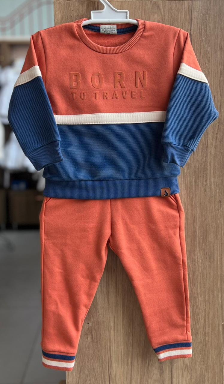 CONJUNTO BLUSÃO MANGA LONGA BORN MOLETOM E CALÇA MENINO MILON - MARROM/MARINHO