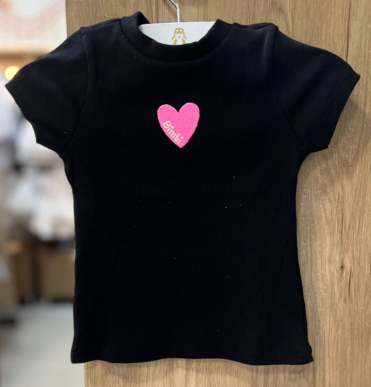 BLUSA MANGA CURTA CANELADA CORAÇÃO BORDADO MENINA BIMBI - PRETO