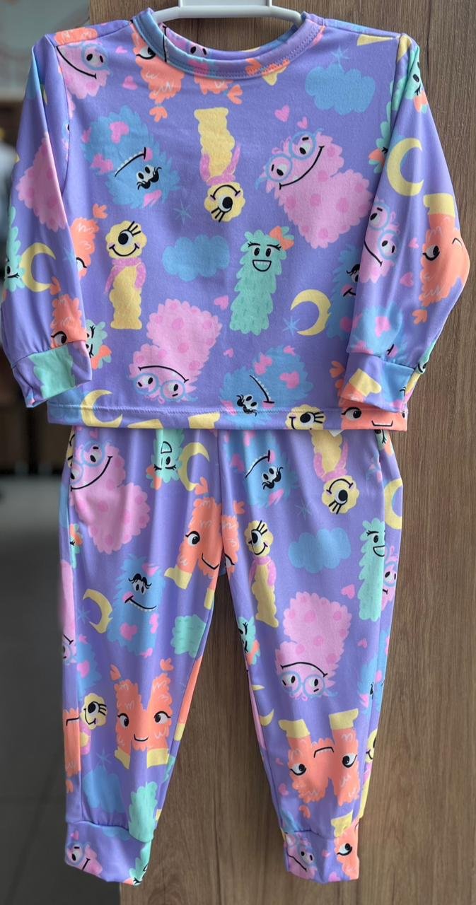 CONJUNTO PIJAMA BLUSA MANGA LONGA MONSTRINHAS E CALÇA MENINA BIMBI - LILÁS
