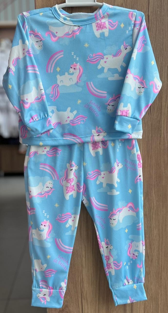 CONJUNTO PIJAMA BLUSA MANGA LONGA UNICORNIO ARCO IRIS E CALÇA MENINA BIMBI - AZUL