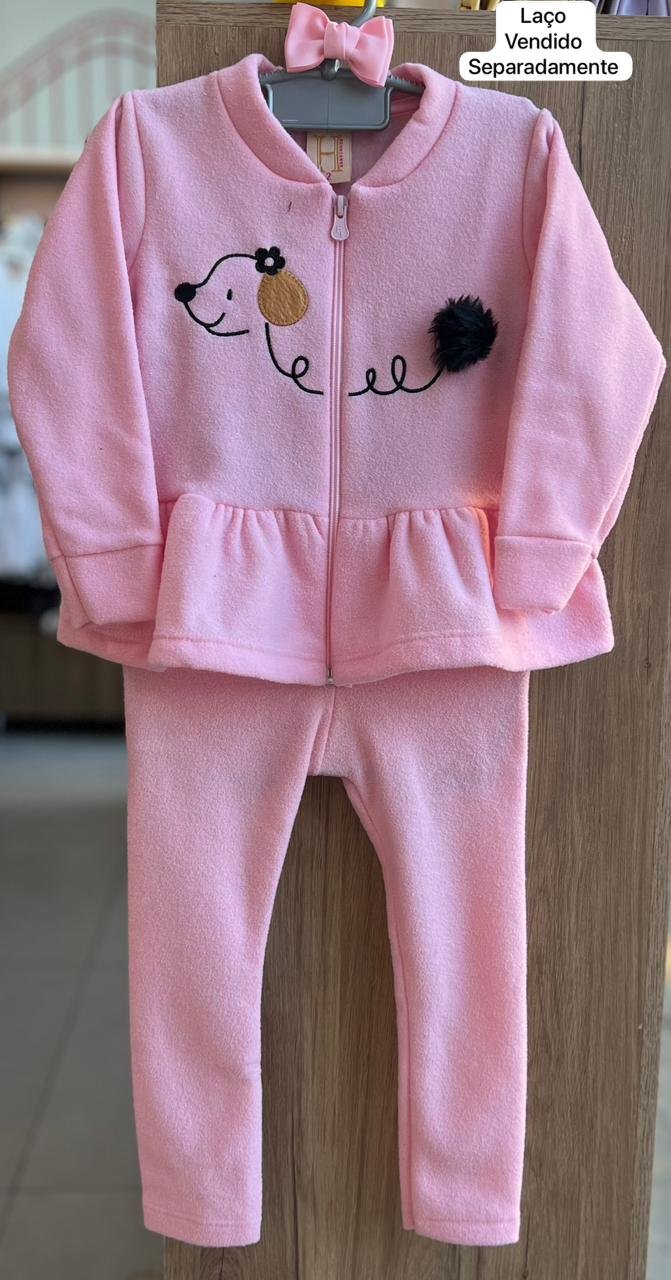 CONJUNTO JAQUETA MANGA LONGA BOUCLE BORDADO FRANZIDO E CALÇA BOUCLE MENINA HRRADINHOS - ROSA